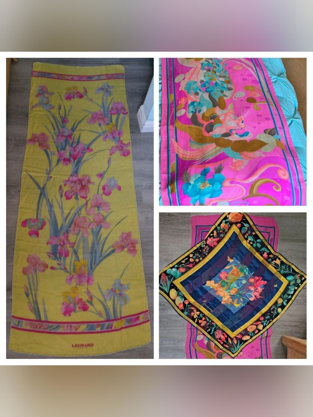 Leonard Paris Floral Silk Scarves Lot Of 3 - Pink & Blue Yellow Cashmere/Silk